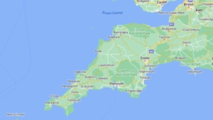 Directories Map Map of Southwest England showing Devon and Cornwall, including cities such as Plymouth, Exeter, Truro, and Penzance.